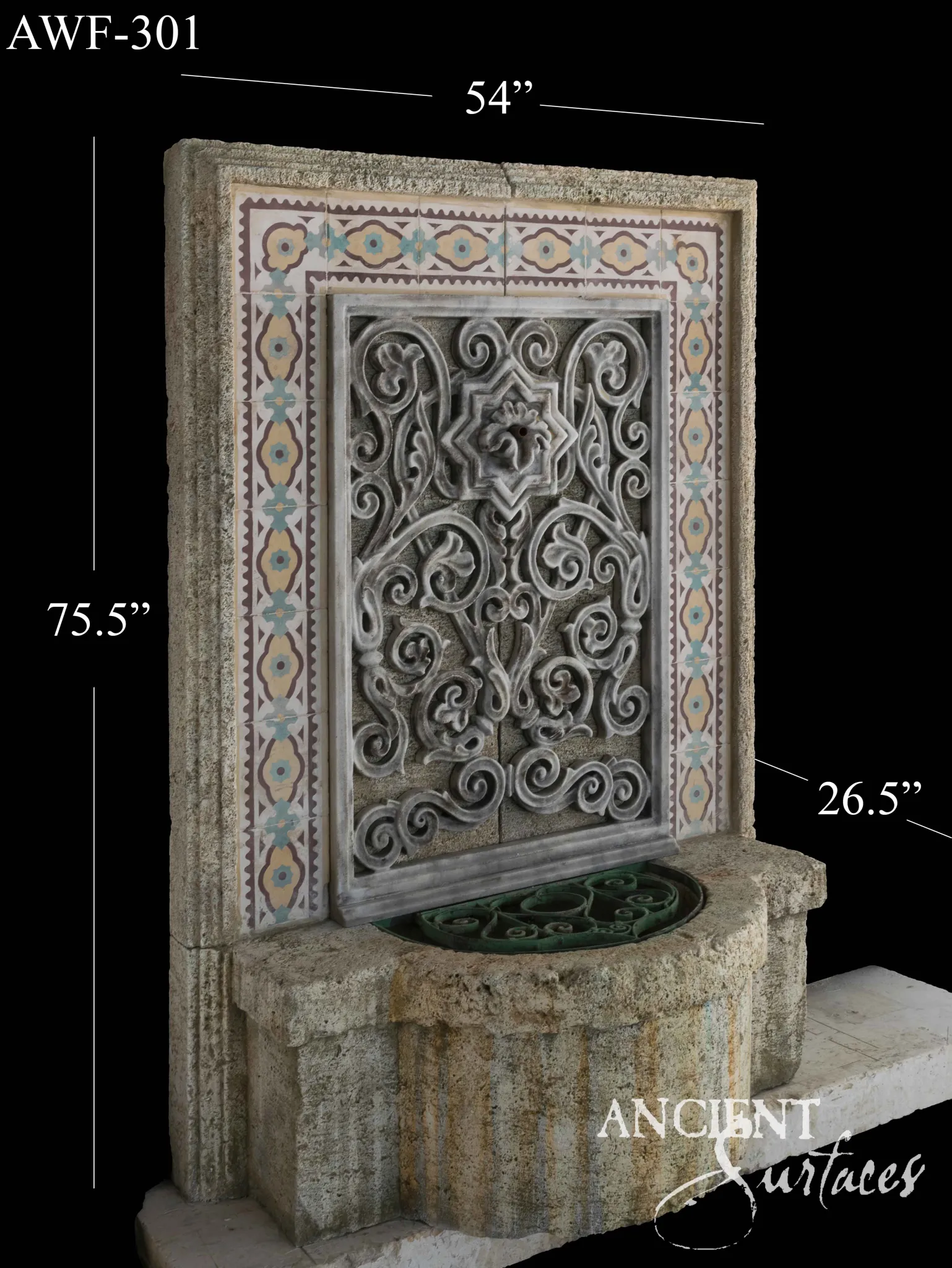 Tall limestone wall fountain with a carved arabesque panel framed by polychrome mosaic tile